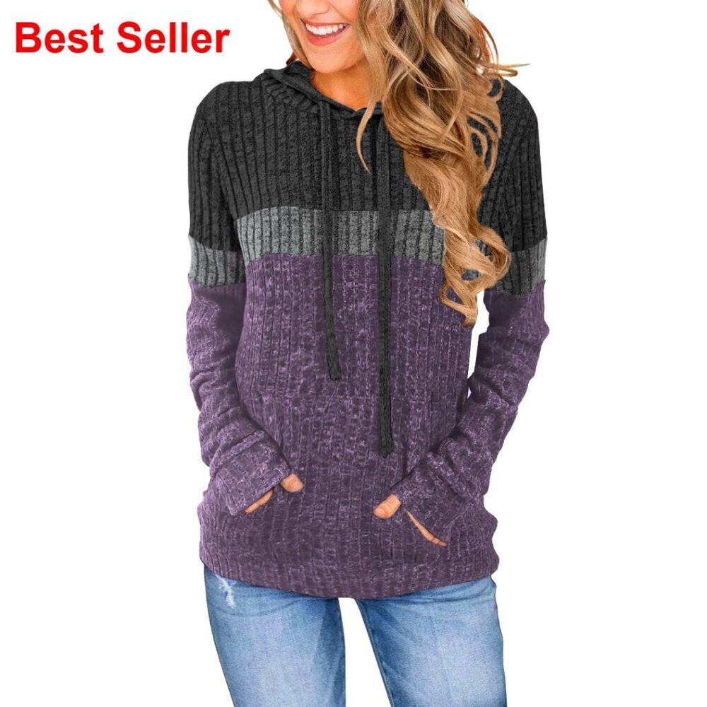 Women's Color Block Knit Hoodie Pullover with Pocket Casual Sweater